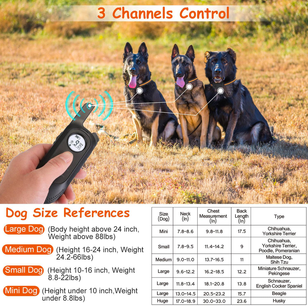 1Pc 984Ft Dog Training Collar Ip65 Waterproof Pet Beep Vibration Electric Shock Collar 3 Channels Rechargeable Transmitter Receiver Trainer