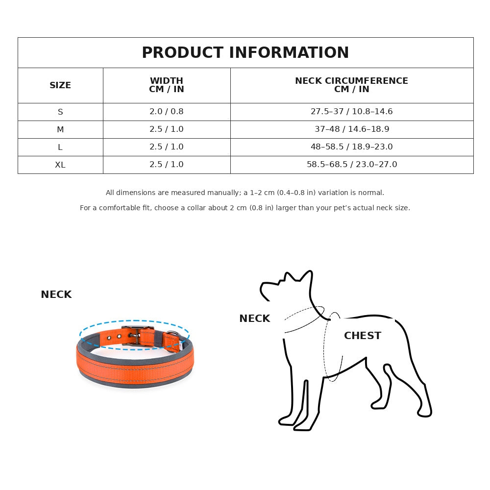 Reflective Dog Collar For Medium Dogs, Adjustable Wide Soft Comfortable Breathable Neoprene Padded Nylon Collar With Heavy Duty Metal Buckle