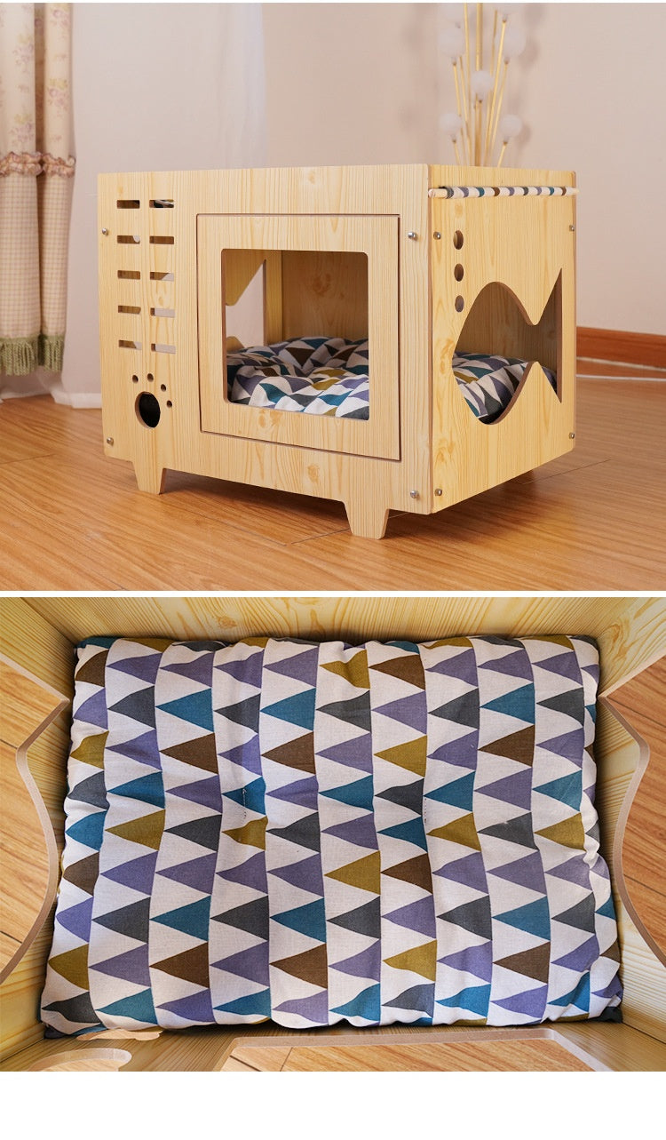 Integrated Wooden Double-Layer Pet Hammock Bed,Thick Cushion With Random Patterns