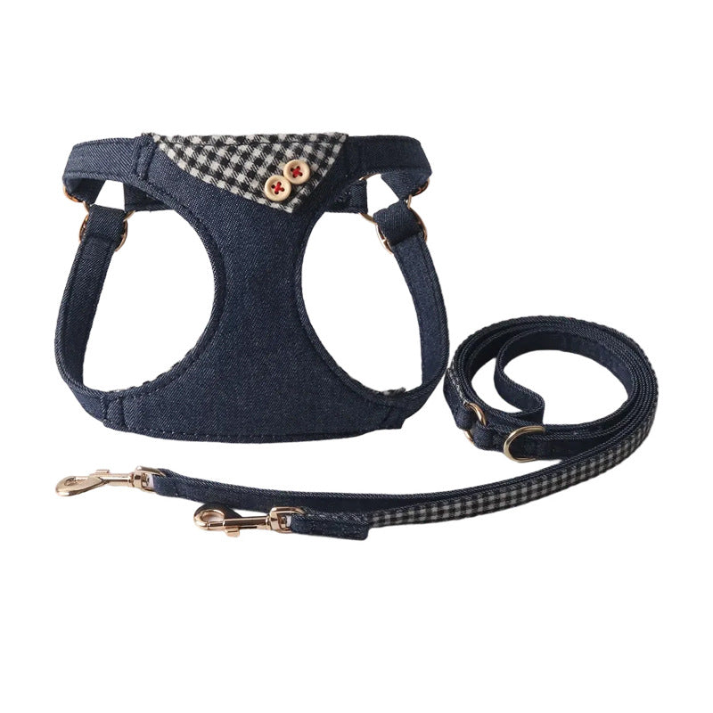Dark Blue Patchwork Plaid Pet Harness Set