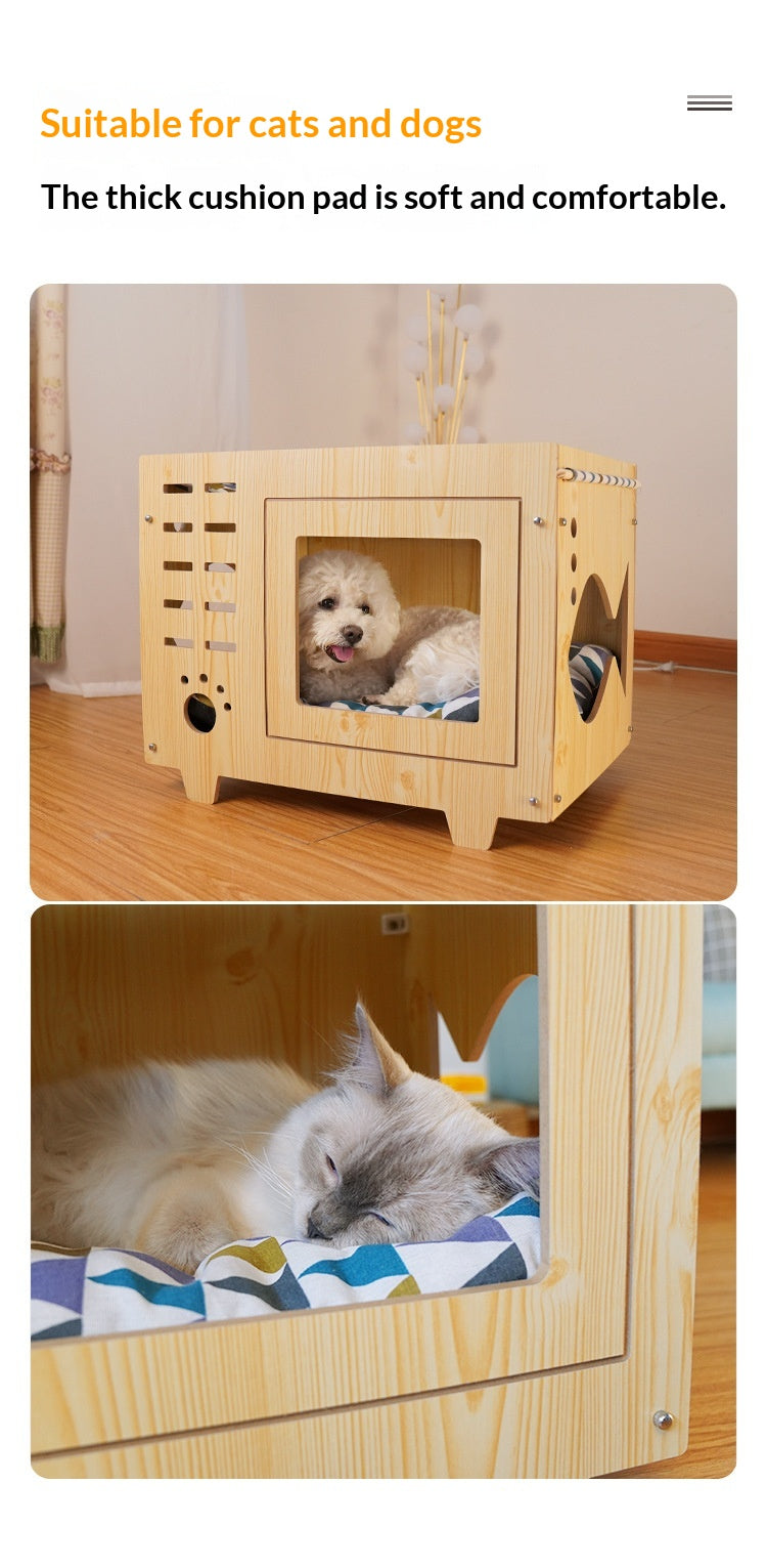 Integrated Wooden Double-Layer Pet Hammock Bed,Thick Cushion With Random Patterns