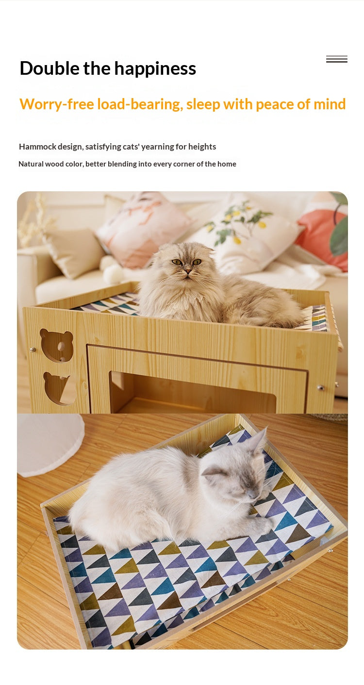 Integrated Wooden Double-Layer Pet Hammock Bed,Thick Cushion With Random Patterns