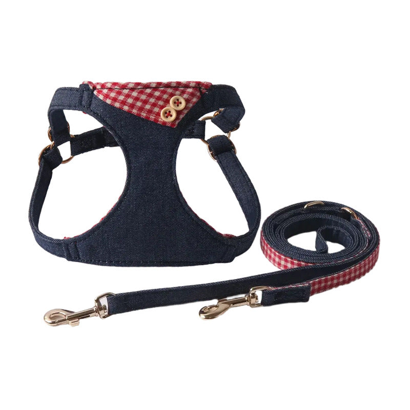 Dark Blue Denim Patchwork Plaid Pet Harness Set