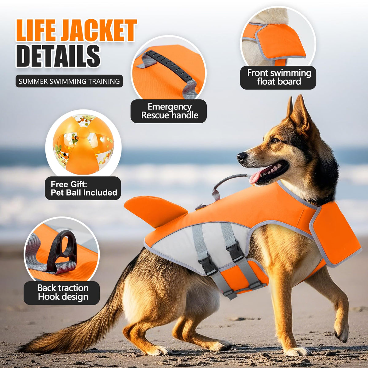 Shark Dog Life Jacket With Rescue Handle