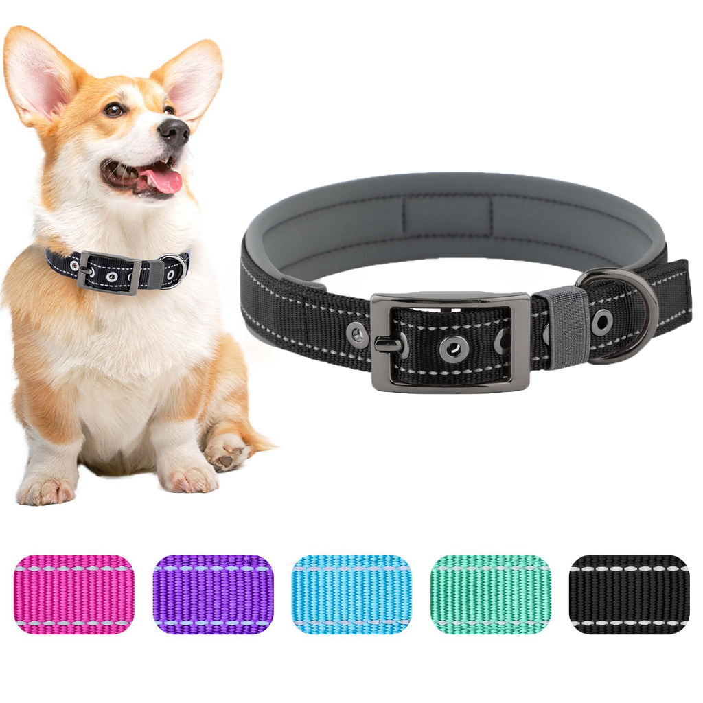 Reflective Dog Collar For Medium Dogs, Adjustable Wide Soft Comfortable Breathable Neoprene Padded Nylon Collar With Heavy Duty Metal Buckle
