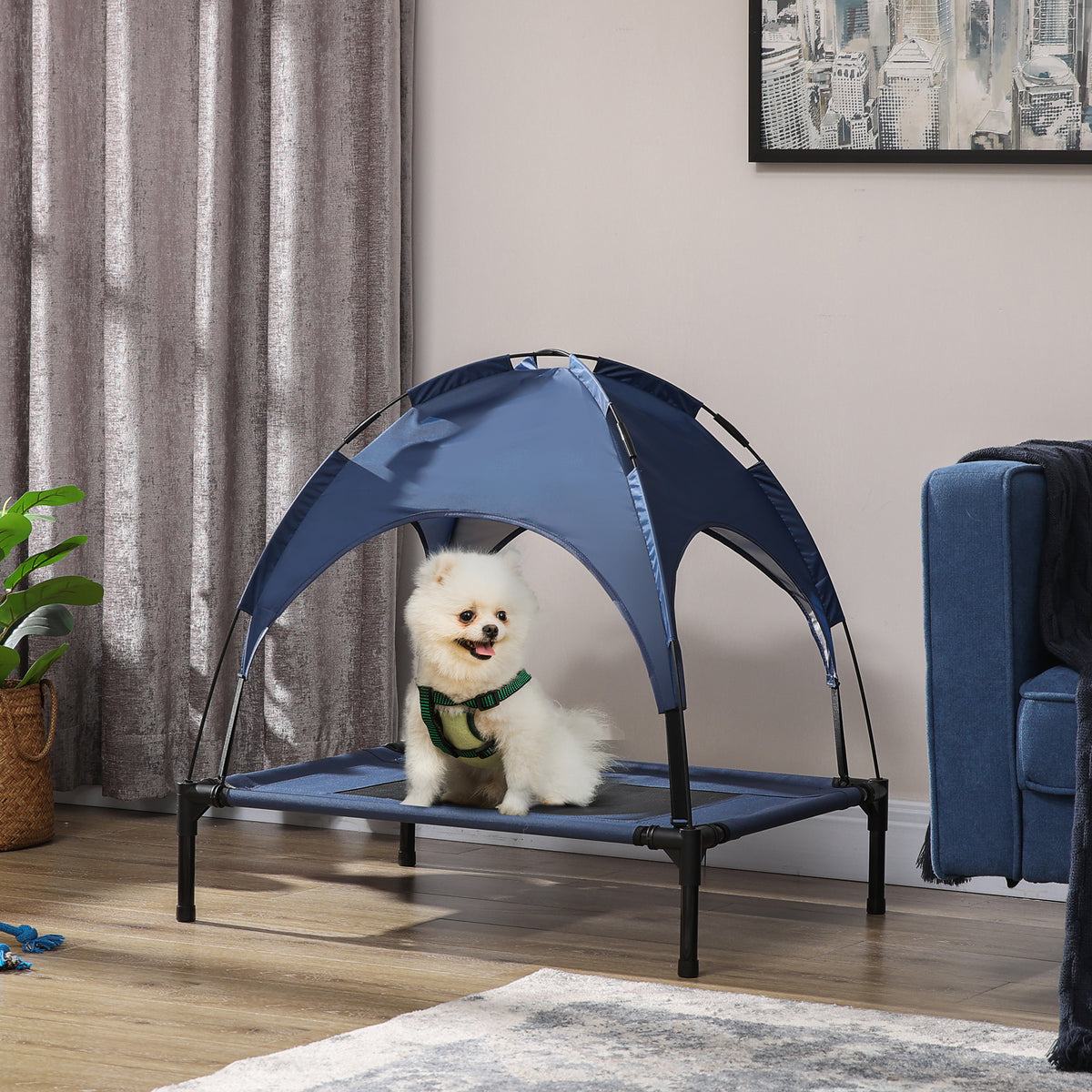 Elevated Portable Dog Cot Pet Bed With Uv Protection Canopy Shade, 30 Inch, Dark Blue