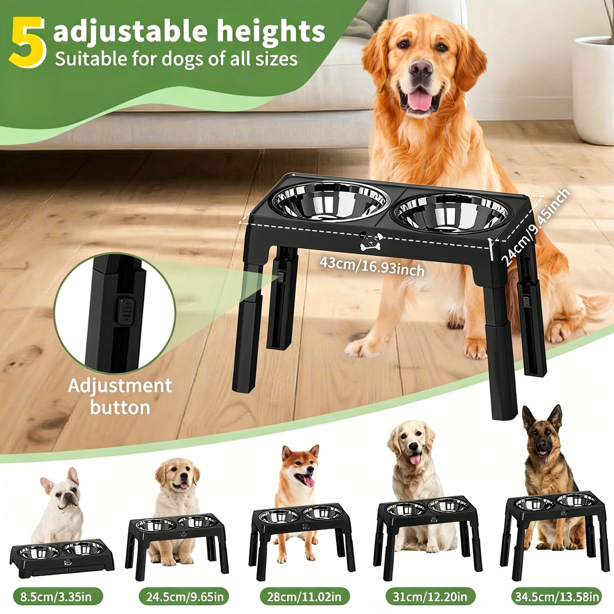 Adjustable Elevated Dog Bowl Stand with Bowls