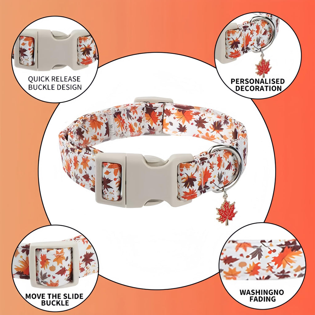 Adjustable Fall Dog Collar With Maple Leaf Charm - Durable Soft Fabric Collar For Small Medium Large Dogs, Perfect For Autumn Walks & Family