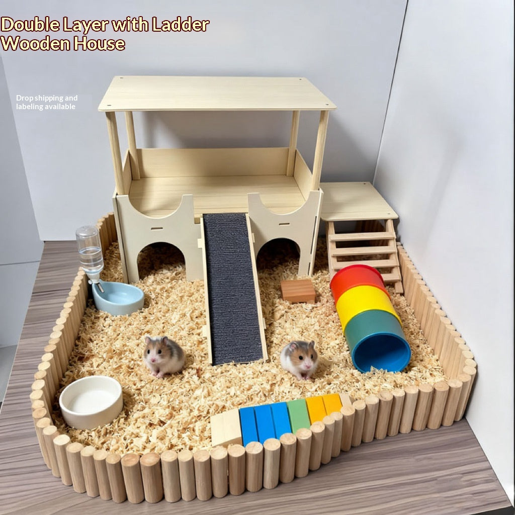 Solid Wood Multi-Functional Detachable Cage With A Double-Layer Hideaway House