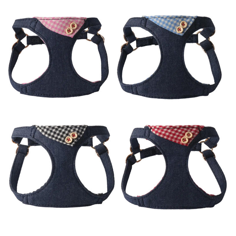 Dark Blue Patchwork Plaid Pet Harness Set