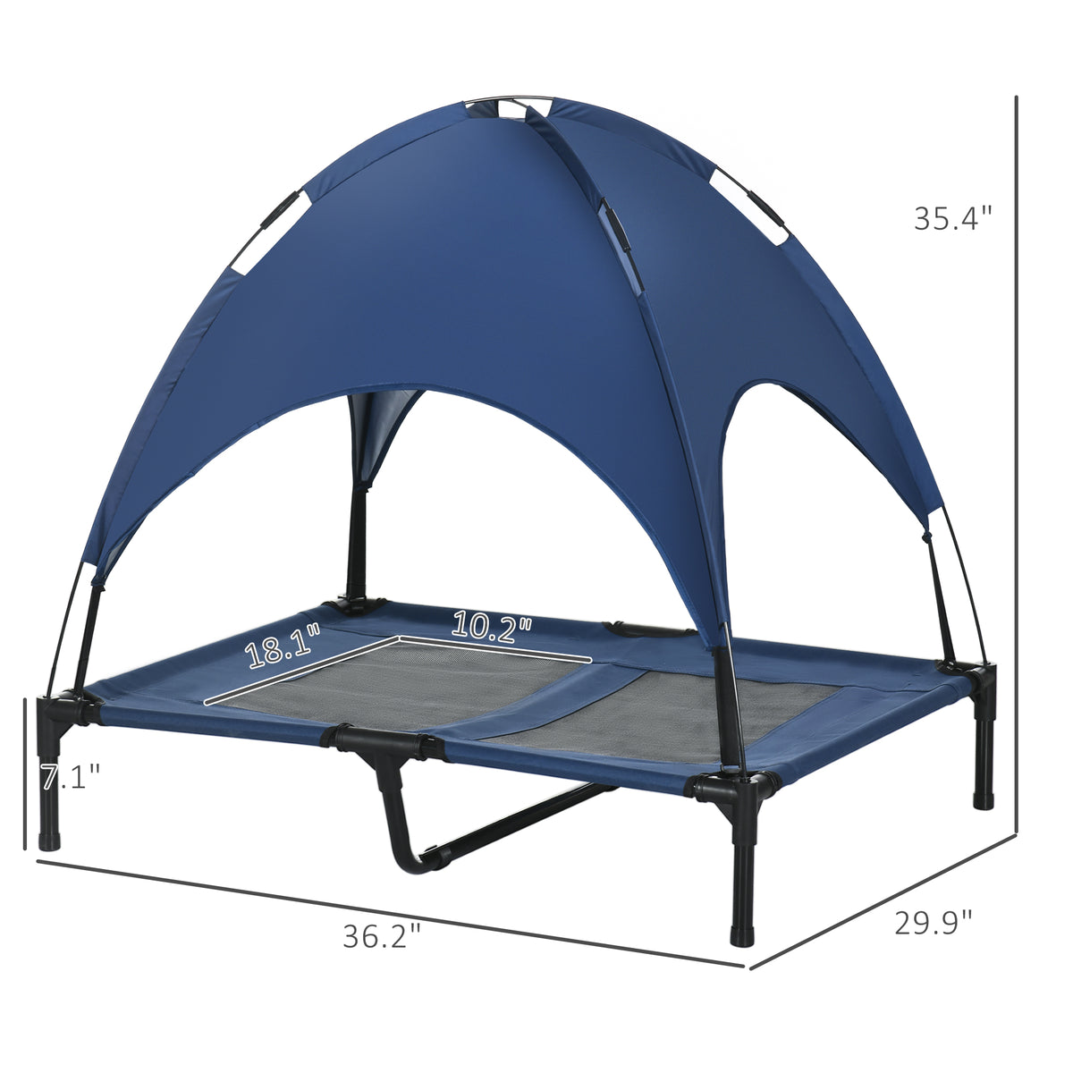 Elevated Portable Dog Cot Pet Bed With Uv Protection Canopy Shade, 36 Inch, Dark Blue