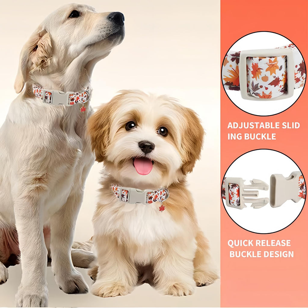 Adjustable Fall Dog Collar With Maple Leaf Charm - Durable Soft Fabric Collar For Small Medium Large Dogs, Perfect For Autumn Walks & Family