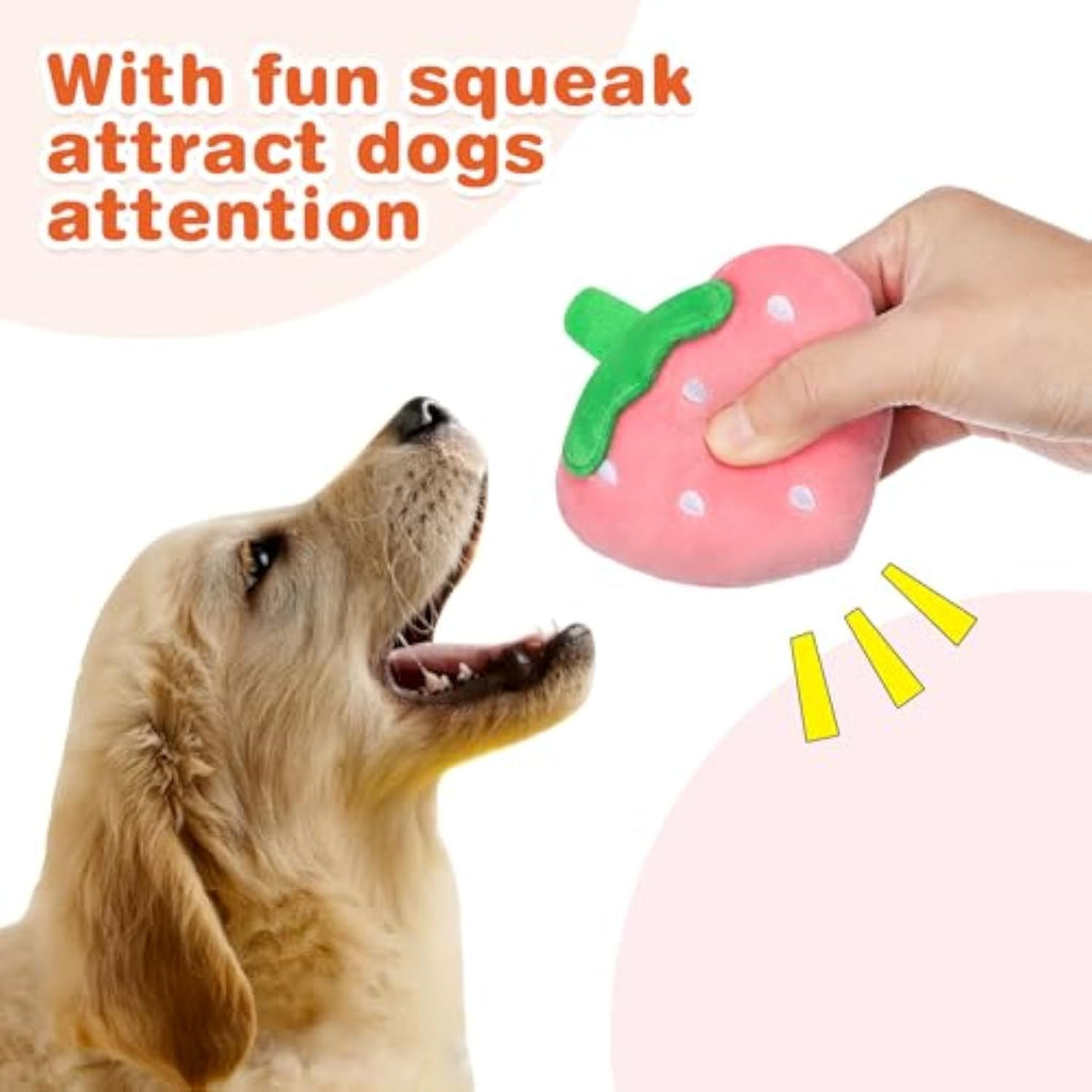 Dog Plush Squeaky Toys - Soft Strawberry Shape Interactive Puppy Chew Toy For Dogs Teething Playing Chewing