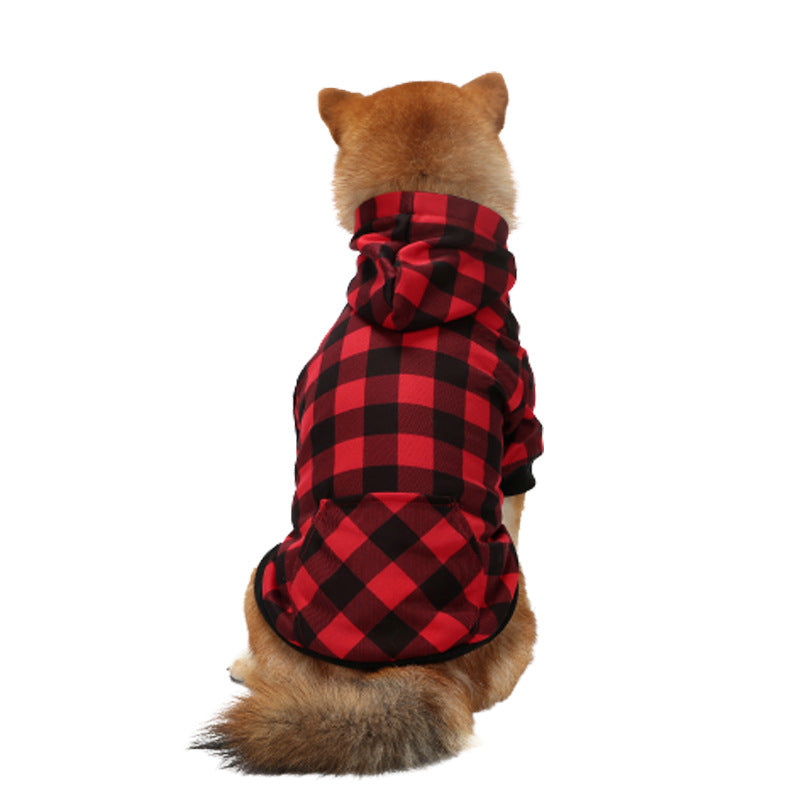 Christmas Dog Clothes Thickened Plaid Hooded Two-Leg Sweater