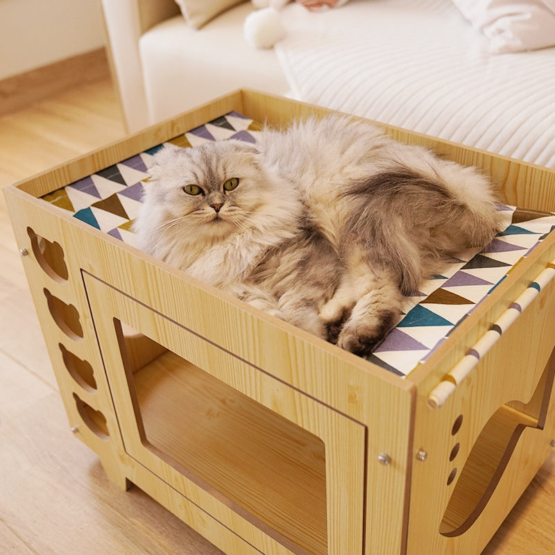 Integrated Wooden Double-Layer Pet Hammock Bed,Thick Cushion With Random Patterns