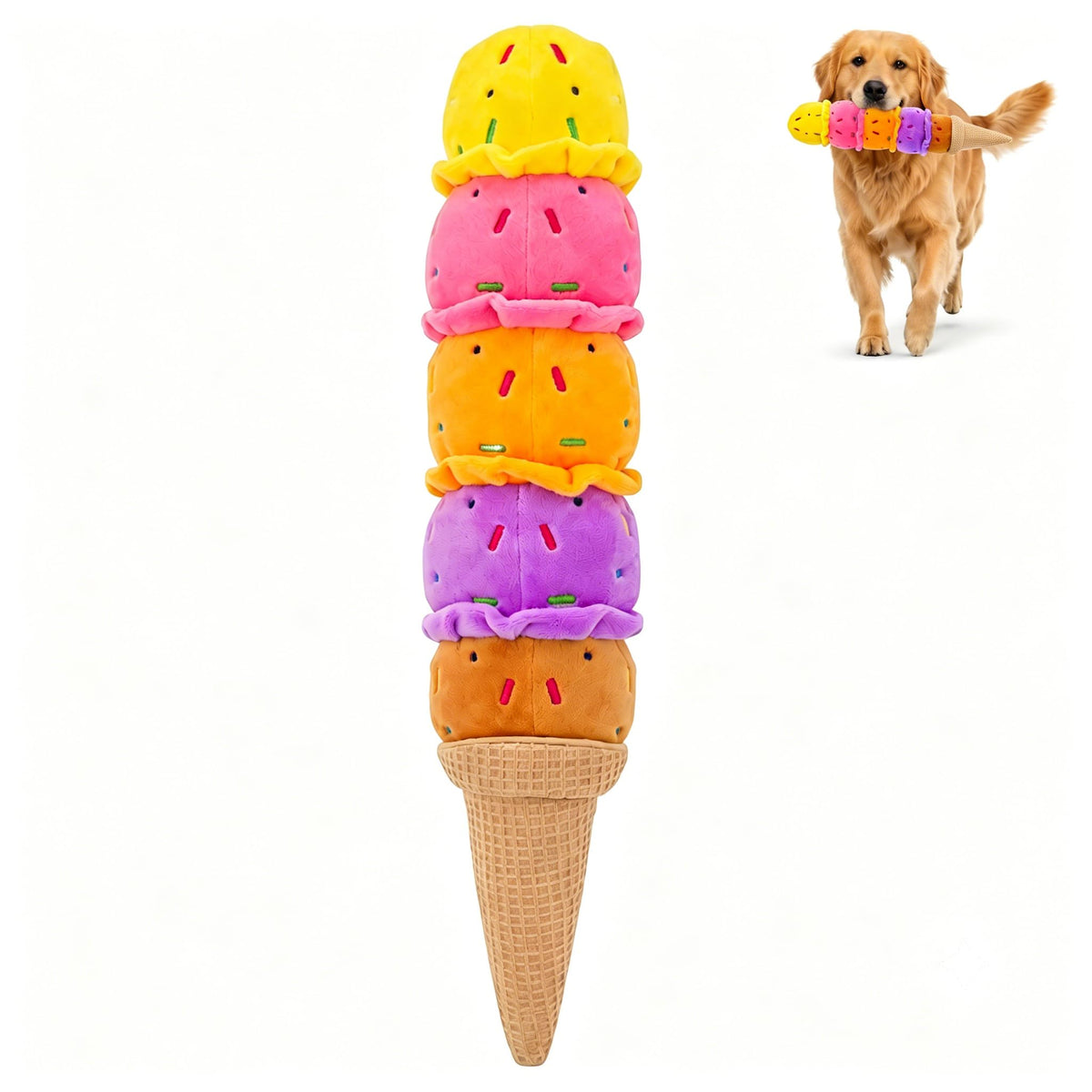 Squeaky Dog Plush Chew Toy, Interactive Tug Squeaky Toy For Chewers, Medium & Large Dogs & Fetch Play, 17.7 In Stuffed Rainbow Ice Cream Toy