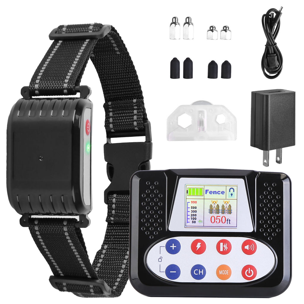 1Set 990Ft Range Dog Wireless Fence Remote Training Collar Ipx6 Waterproof Receiver With 0-9 Levels Beep Vibration Shock Mode 4 Channels Rec
