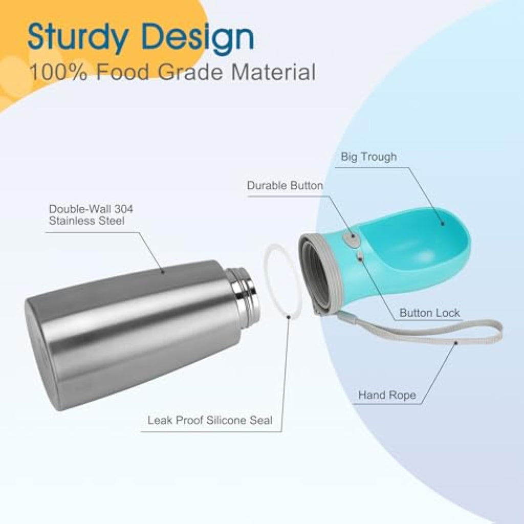 Portable Dog Water Bottle 700Ml Stainless Steel Leak Proof Puppy Water Dispenser With Drinking Feeder For Pets Travel Walking Hiking And Out