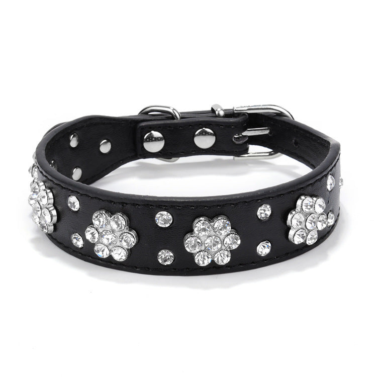 Cute Pu Leather Dog Collar Rhinestone Flower Pattern Studded Width Fit Small And Medium Dogs