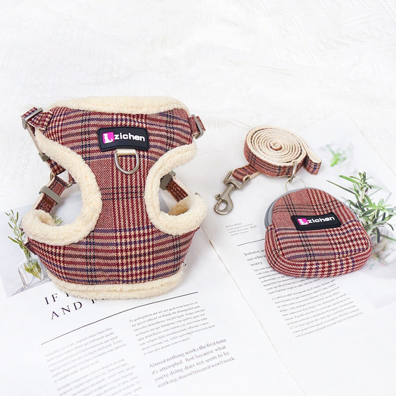 Plaid Dog Leash Vest with Fleece Lining