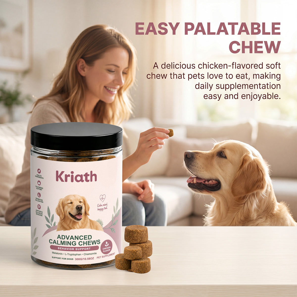 Kriath Dog Calming Chewable Tablets, Universal For Puppies And Adult Dogs, Daily Emotional Soothing And Nutritional Supplement Tablets For P