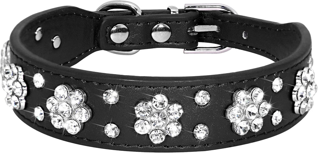 Cute Pu Leather Dog Collar Rhinestone Flower Pattern Studded Width Fit Small And Medium Dogs
