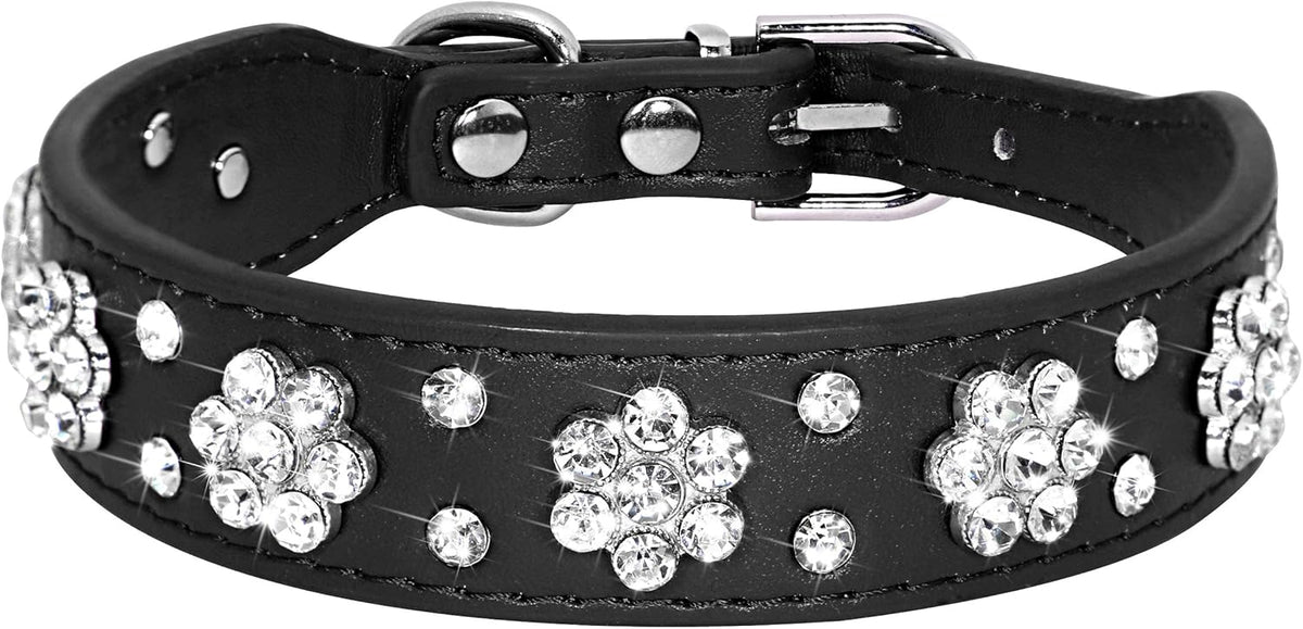 Cute Pu Leather Dog Collar Rhinestone Flower Pattern Studded Width Fit Small And Medium Dogs
