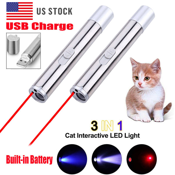2Pcs 3 In1 1Mw Usb Rechargeable Pet Toy Pen Flashlight Red Laser Beam Uv Light 3-Modes Lamp