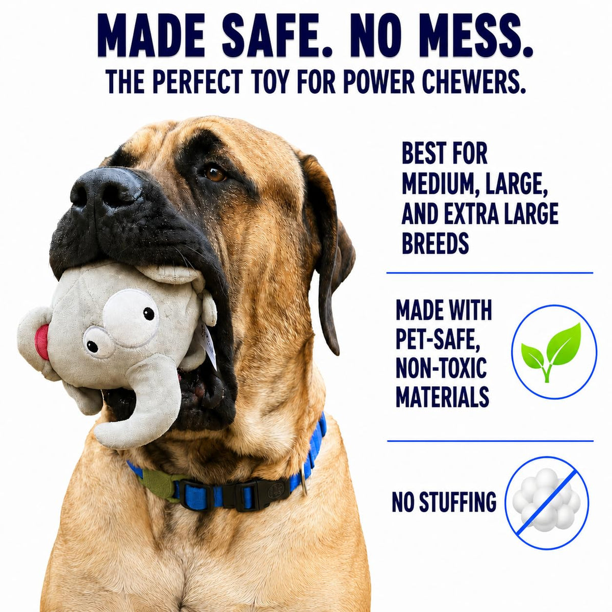 Dog Toy For Aggressive Chewers No Stuffing Crinkle Plush 3-In-1 Elephant , Durable Squeaky Bouncy Chew Ball Cleans Teeth, Power Chewer Puppy
