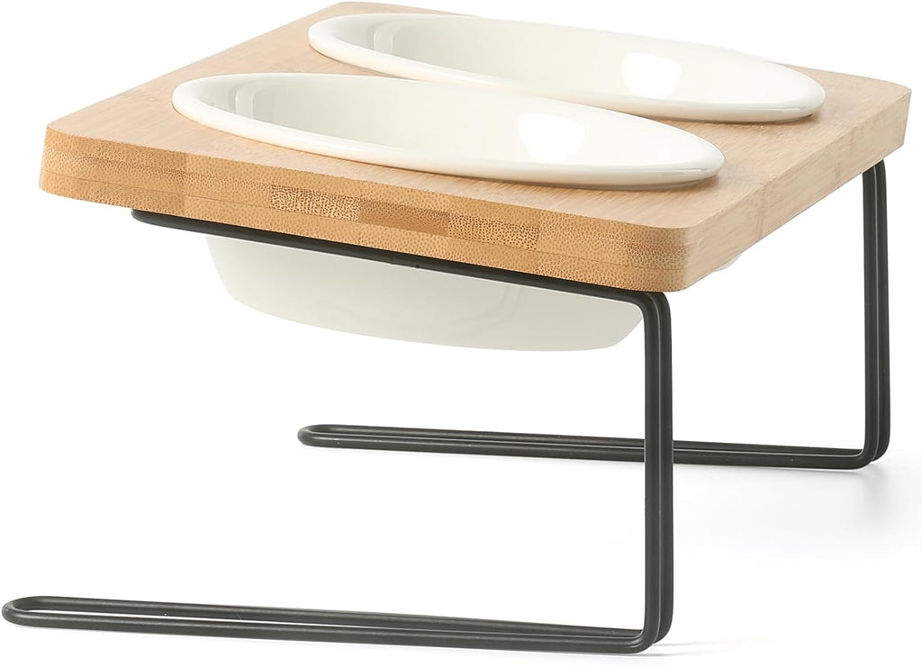 Small Dog Water And Food Feeder - Tilted Ceramic Bowl Set With Bamboo Stand