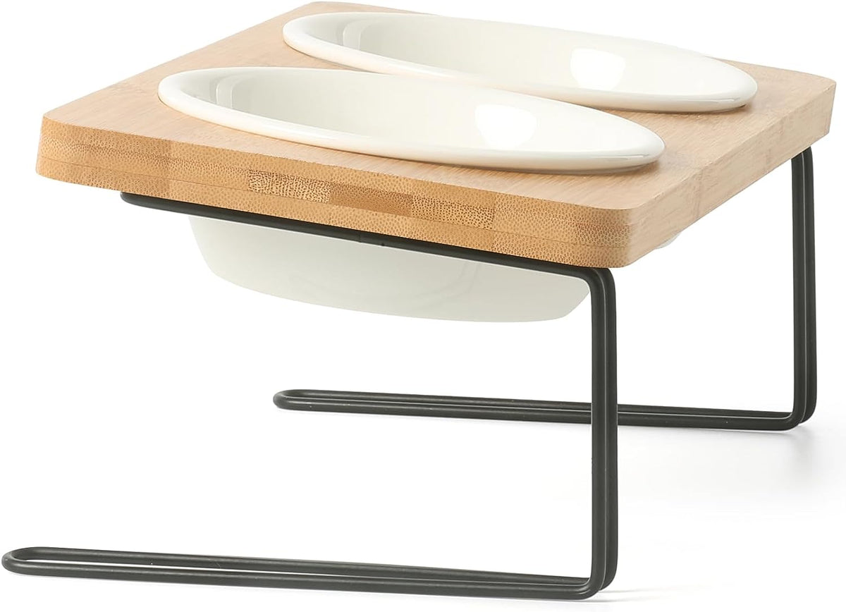 Small Dog Water And Food Feeder - Tilted Ceramic Bowl Set With Bamboo Stand