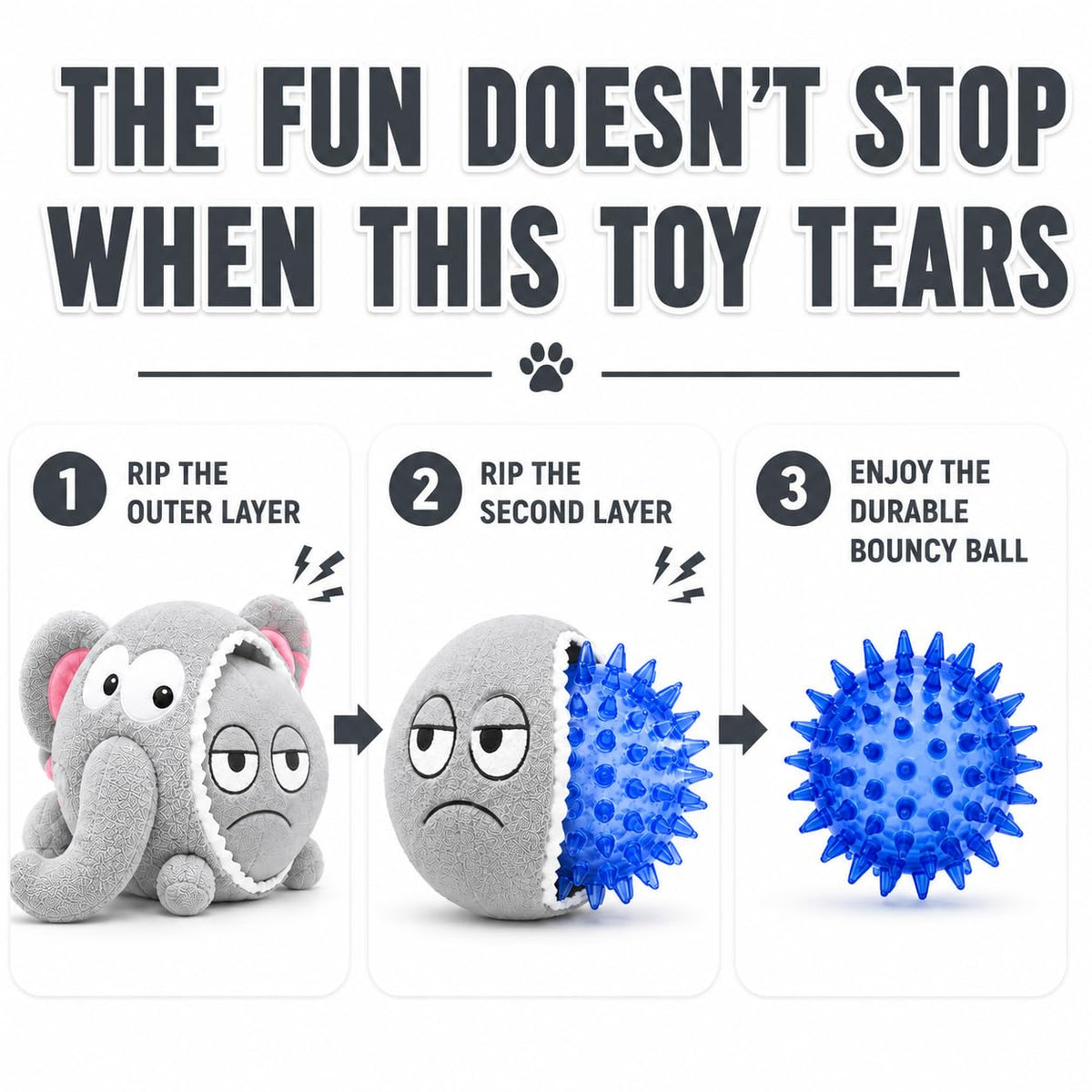 Dog Toy For Aggressive Chewers No Stuffing Crinkle Plush 3-In-1 Elephant , Durable Squeaky Bouncy Chew Ball Cleans Teeth, Power Chewer Puppy