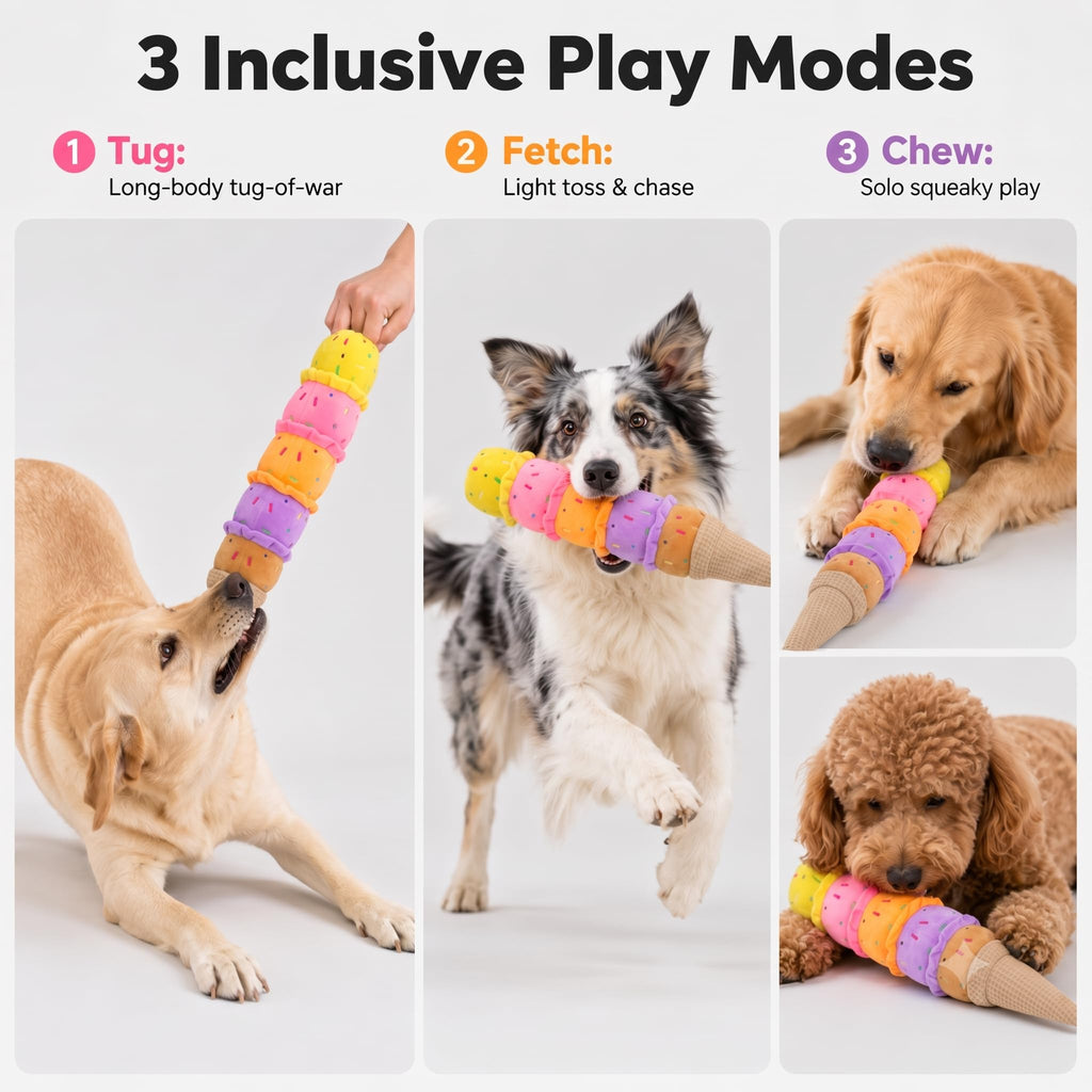 Squeaky Dog Plush Chew Toy, Interactive Tug Squeaky Toy For Chewers, Medium & Large Dogs & Fetch Play, 17.7 In Stuffed Rainbow Ice Cream Toy