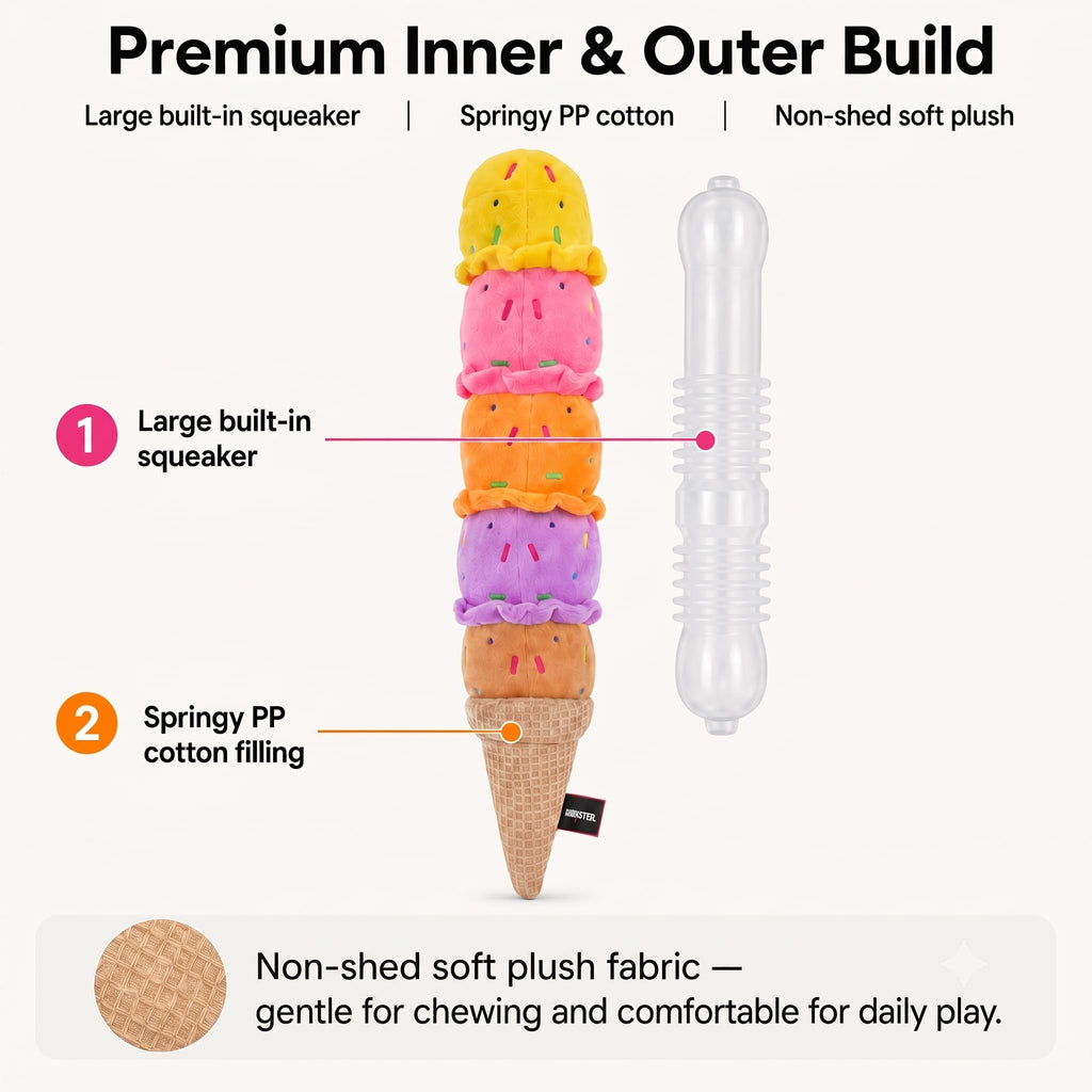 Squeaky Dog Plush Chew Toy, Interactive Tug Squeaky Toy For Chewers, Medium & Large Dogs & Fetch Play, 17.7 In Stuffed Rainbow Ice Cream Toy