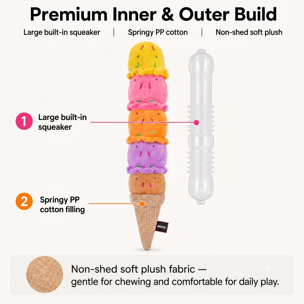 Squeaky Dog Plush Chew Toy, Interactive Tug Squeaky Toy For Chewers, Medium & Large Dogs & Fetch Play, 17.7 In Stuffed Rainbow Ice Cream Toy