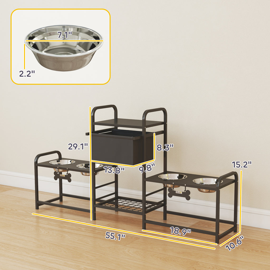 3 Height Adjustable Dog Bowl Stand With 2 Feeding Stations, Toy Bin Basket, Black