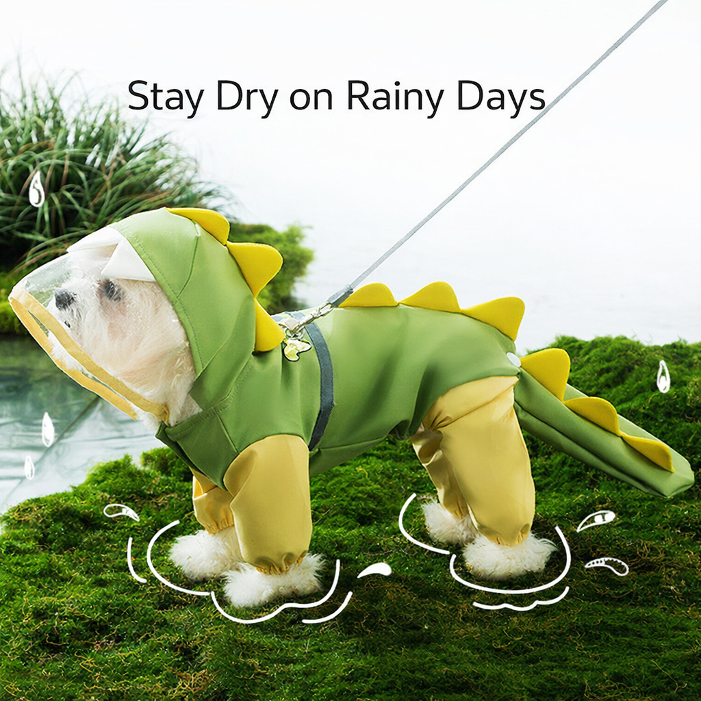 Dog Raincoat Waterproof 4-Legged Dinosaur Design With Tail Cover For Small Medium Large Dogs, Hooded Pet Rainwear With Reflective Strips Tra