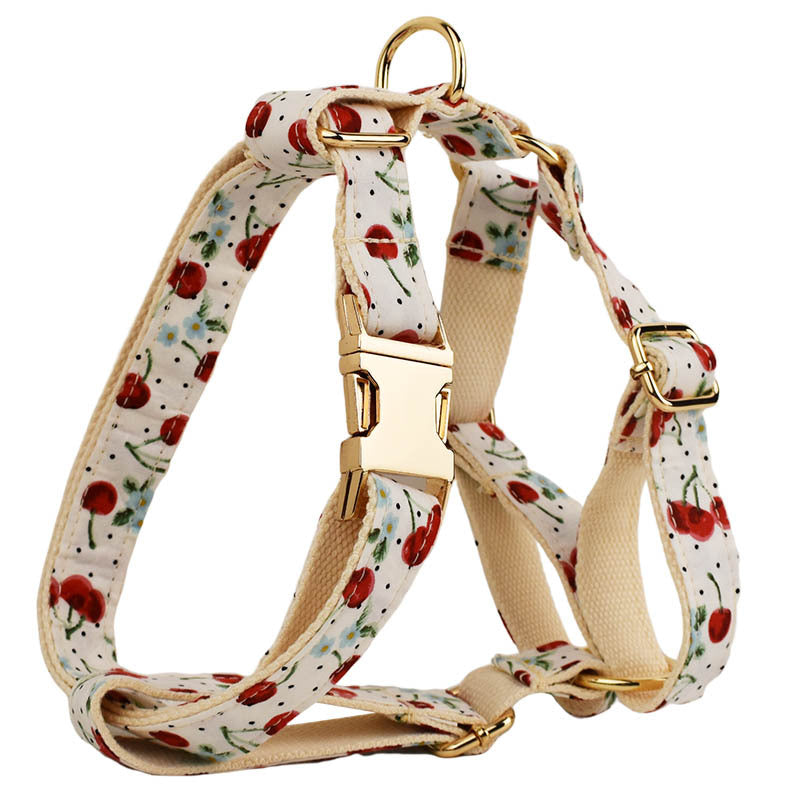 Red Cherry Printed Pet Collar Traction Rope Light Gold Release Buckle Cute Bow Strap