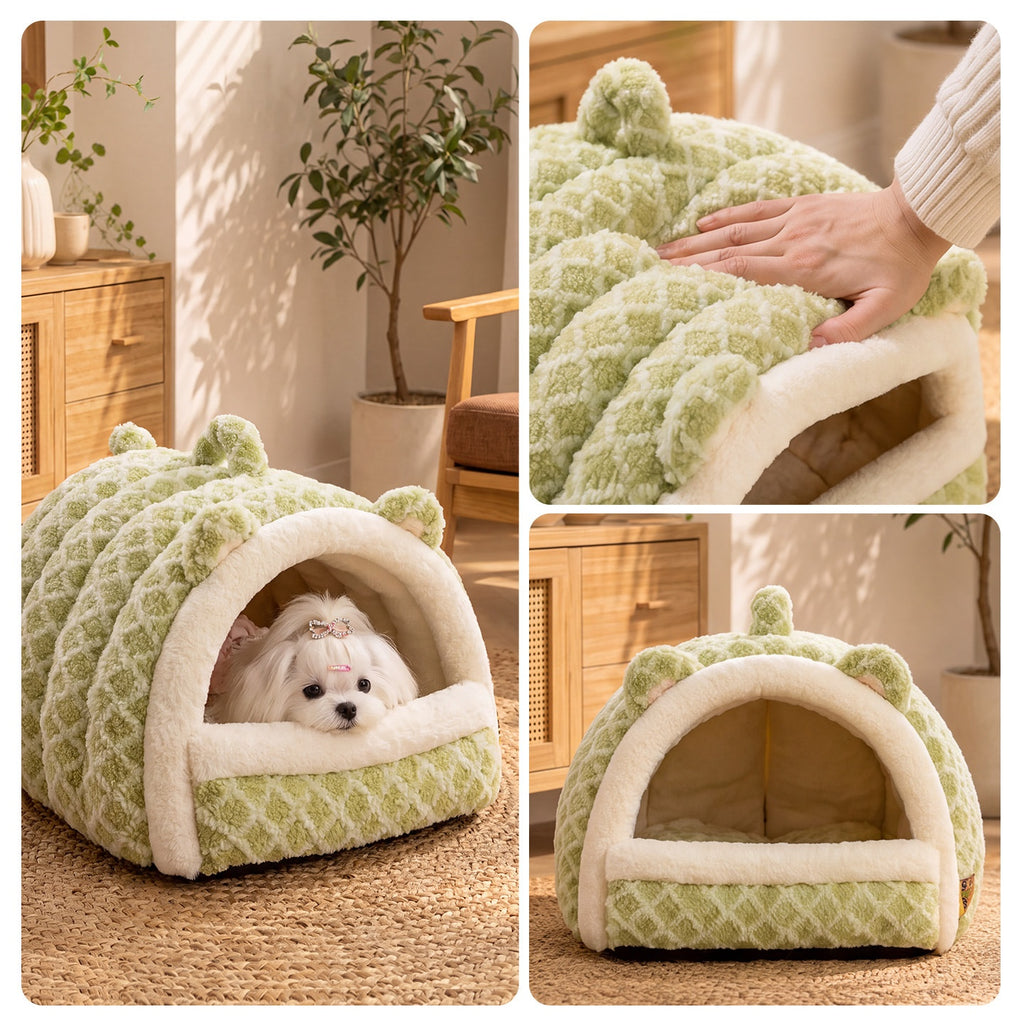Portable Semi-Enclosed Dual-Use Warm Cloud-Feel Jacquard Diamond-Pattern Dog Bed