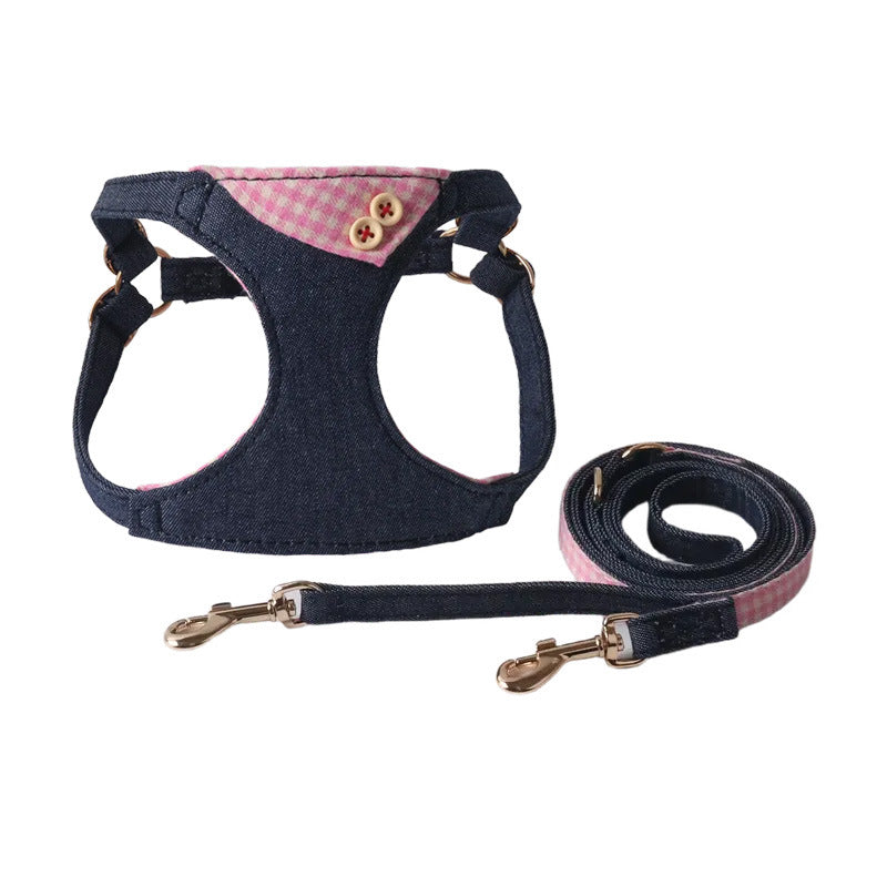 Dark Blue Patchwork Plaid Pet Harness Set