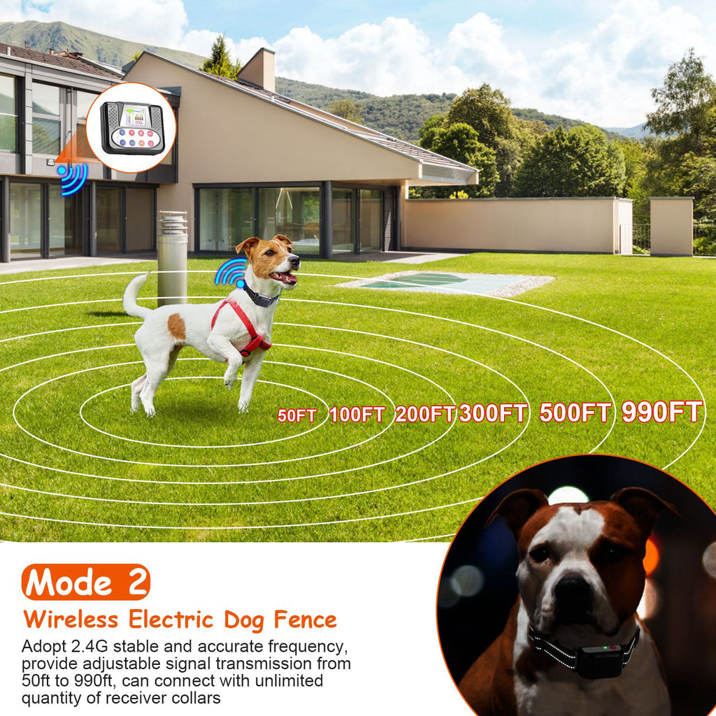1Set 990Ft Range Dog Wireless Fence Remote Training Collar Ipx6 Waterproof Receiver With 0-9 Levels Beep Vibration Shock Mode 4 Channels Rec