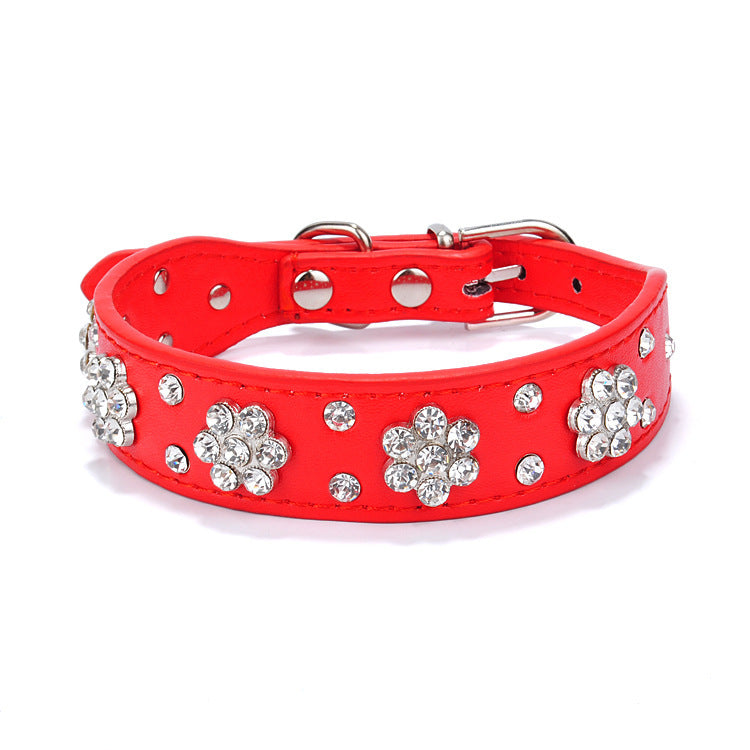 Cute Pu Leather Dog Collar Rhinestone Flower Pattern Studded Width Fit Small And Medium Dogs