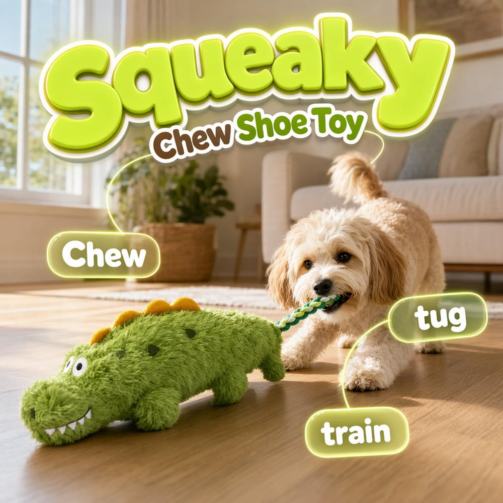 Fun Knotty Crocodile Dog Chew Toy For Interactive Play Cotton Rope And Squeaky Plush, Dog Toys For Chewers, Fetch And Tug-Of-War For Small T