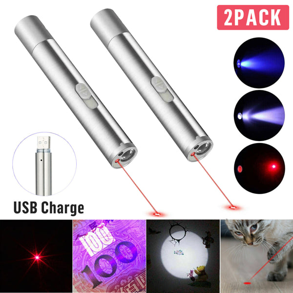 2Pcs 3 In1 1Mw Usb Rechargeable Pet Toy Pen Flashlight Red Laser Beam Uv Light 3-Modes Lamp