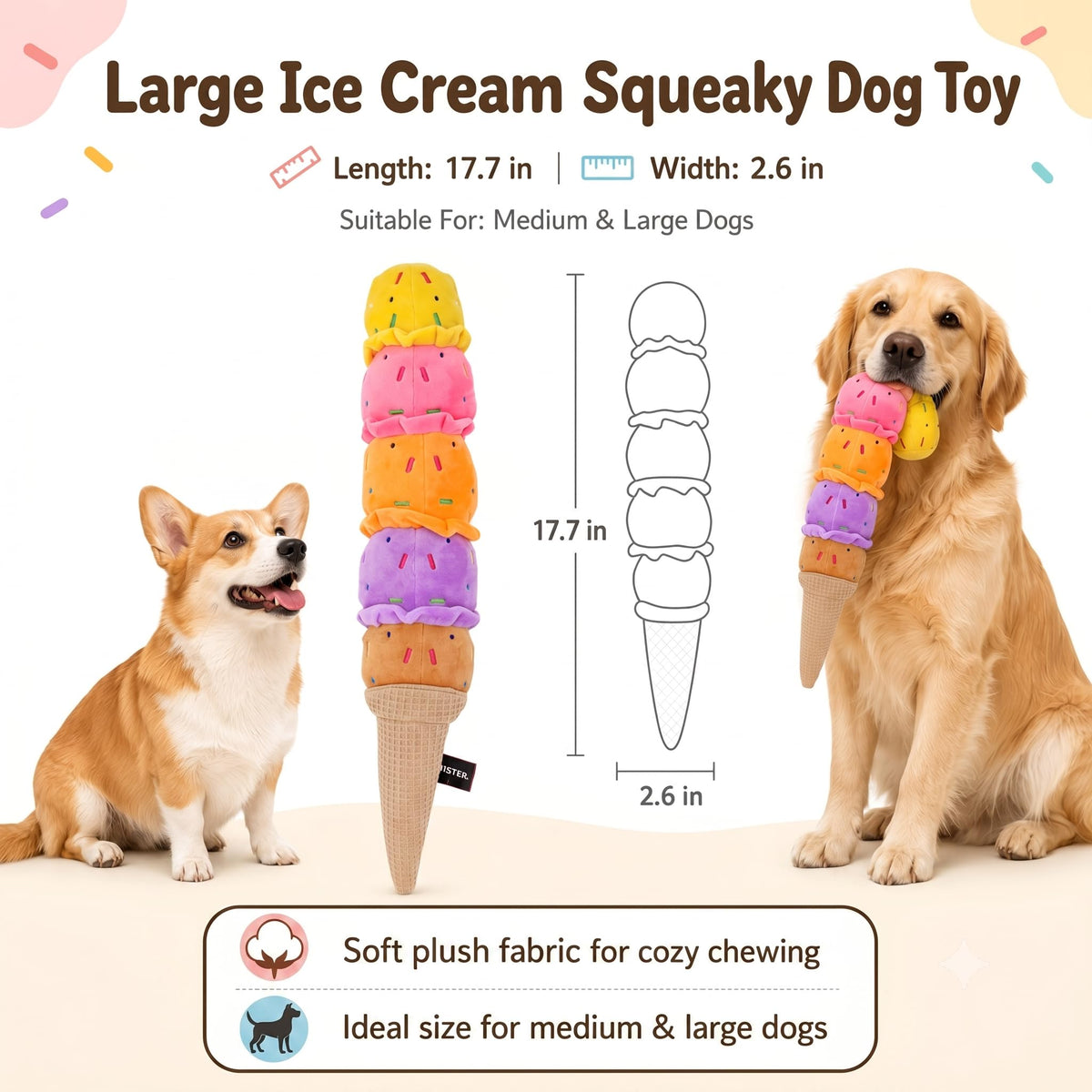 Squeaky Dog Plush Chew Toy, Interactive Tug Squeaky Toy For Chewers, Medium & Large Dogs & Fetch Play, 17.7 In Stuffed Rainbow Ice Cream Toy