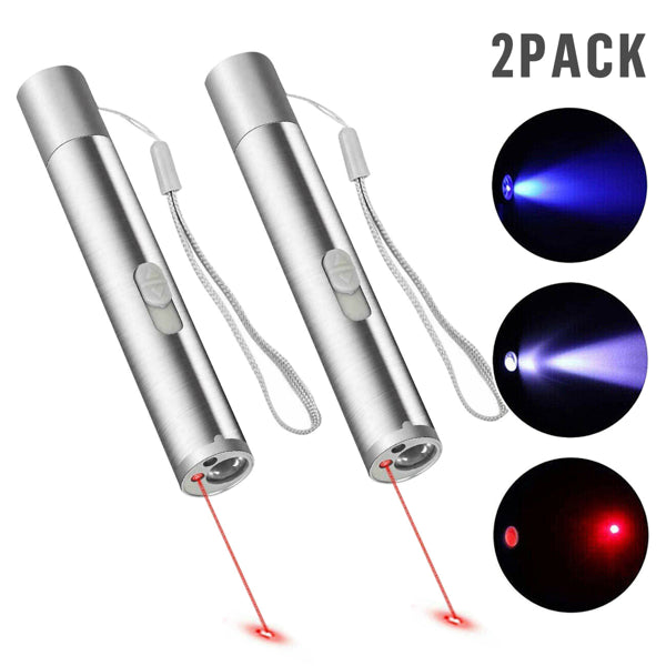 2Pcs 3 In1 1Mw Usb Rechargeable Pet Toy Pen Flashlight Red Laser Beam Uv Light 3-Modes Lamp