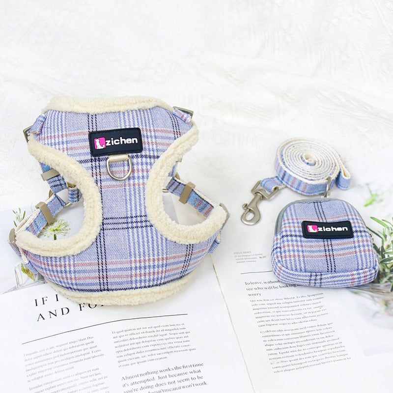 Plaid Dog Leash Vest with Fleece Lining