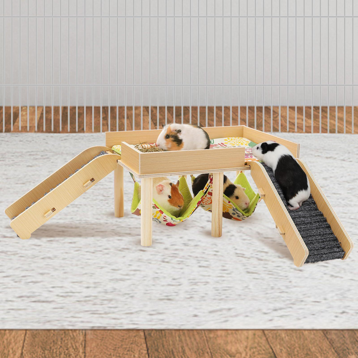 Wooden Guinea Pig Double Hammock Nest With Removable Design And Ladder For Pet Cages