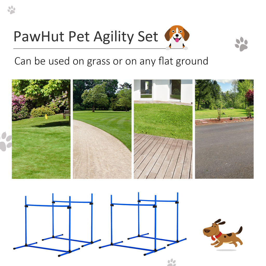 4 Piece Dog Agility Starter Kit With Adjustable Height Jump Bars, Included Carry Bag & Displacing Top Bar - Blue