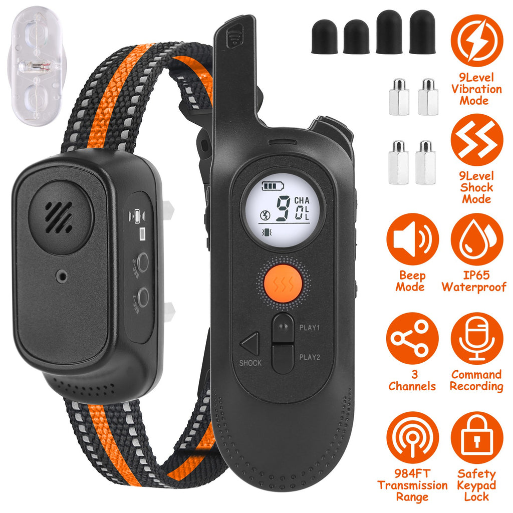 1Pc 984Ft Dog Training Collar Ip65 Waterproof Pet Beep Vibration Electric Shock Collar 3 Channels Rechargeable Transmitter Receiver Trainer
